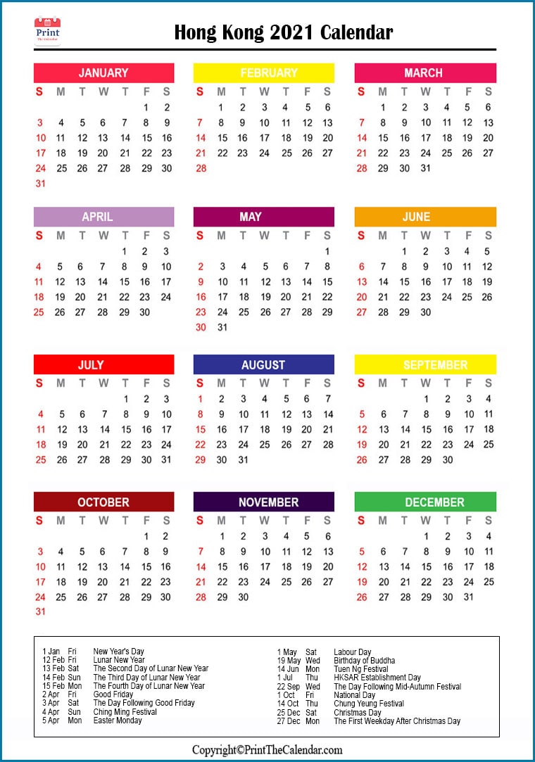 Hongkong Printable Calendar 2021